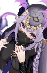 Rule 34 | 1girl, absurdres, arknights, black dress, blue nails, blurry, blurry background, braid, breasts, cleavage, closed mouth, commentary request, depth of field, dress, dutch angle, from above, hands up, head wings, highres, long hair, looking at viewer, manticore (arknights), manticore (under a veil) (arknights), medium breasts, mikuning, mouth veil, nail polish, pink wings, pointy ears, purple eyes, purple hair, scorpion tail, see-through, smile, solo, tail, veil, very long hair, wings