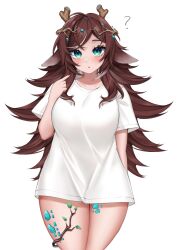 Rule 34 | 1girl, ?, animal ears, black nails, blue eyes, breasts, brown hair, collarbone, dragon girl, dragon horns, eyelashes, gem hair ornament, hair ornament, highres, horns, indie virtual youtuber, leaf, long hair, natch imaycz, no pants, scales, second-party source, shirt, solo, sugi aoki, virtual youtuber, white shirt