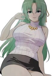 Rule 34 | 1girl, arm at side, bare arms, bare shoulders, black skirt, breasts, commentary, cowboy shot, eyes visible through hair, green eyes, green hair, hair ribbon, hand up, hashtag-only commentary, highres, higurashi no naku koro ni, large breasts, long hair, looking at viewer, miniskirt, parted bangs, parted lips, pencil skirt, ribbed sweater, ribbon, simple background, sitting, skirt, smile, solo, sonozaki shion, straight hair, sweater, tsurime, turtleneck, turtleneck sweater, very long hair, white background, white sweater, yellow ribbon, yuno ff