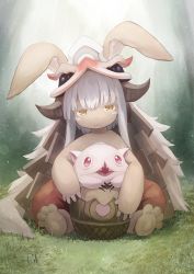 Rule 34 | 1other, absurdres, androgynous, animal ears, basket, between legs, body fur, brown fur, claws, colored eyelashes, creature, day, fake horns, floppy ears, full body, furry, grass, helmet, highres, horned helmet, horns, in basket, looking at viewer, made in abyss, medium hair, minau37, mitty (made in abyss), nanachi (made in abyss), on grass, outdoors, pelt, rabbit ears, sidelocks, sitting, solo, sunlight, whiskers, white hair, yellow eyes