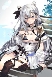 Rule 34 | 1girl, absurdres, blue eyes, blush, breasts, cleavage, cone hair bun, double bun, dress, earrings, grey eyes, grey hair, hair bun, hair ornament, hair ribbon, highres, hololive, hololive indonesia, jewelry, long hair, looking at viewer, medium breasts, multicolored hair, pukara, ribbon, sitting, smile, solo, vestia zeta, vestia zeta (1st costume), virtual youtuber