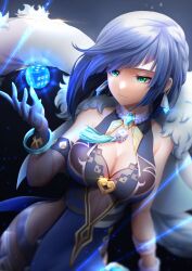Rule 34 | 1girl, absurdres, bare shoulders, blue dress, blue hair, bracelet, breasts, cleavage, commentary, dice, dress, genshin impact, green eyes, hand up, highres, jewelry, large breasts, royboy, short hair, sleeveless, sleeveless dress, smile, solo, upper body, yelan (genshin impact)