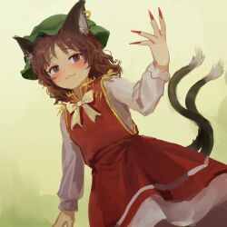 Rule 34 | 1girl, :3, animal ears, blush, bow, bowtie, brown eyes, brown hair, cat ears, cat tail, chen, closed mouth, commentary, dress, english commentary, fingernails, flat chest, gold trim, hand up, hat, highres, himuhino, long fingernails, looking at viewer, medium hair, mob cap, multiple tails, nail polish, nekomata, petite, red dress, red nails, sharp fingernails, simple background, smug, solo, tail, touhou, two tails, wavy hair, white background, white bow, white bowtie
