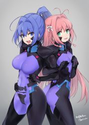 Rule 34 | 2girls, absurdres, back-to-back, blue eyes, blue hair, braid, breasts, clenched hand, clenched hands, commission, fortified suit, green eyes, hair behind ear, hand on own hip, hayase mitsuki, highres, kimi ga nozomu eien, long hair, looking at viewer, makishima azusa, medium breasts, multiple girls, muv-luv, muv-luv alternative, open mouth, pilot suit, pink hair, ponytail, second-party source, side braid, signature, skeb commission, small breasts, smile, suzumiya haruka, very long hair