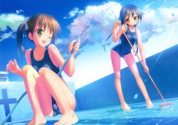 Rule 34 | 2girls, :o, ;d, absurdres, barefoot, black hair, brown hair, cleaning brush, cloud, collarbone, covered navel, day, empty pool, feet, green eyes, highres, holding, hose, light rays, multiple girls, new school swimsuit, one-piece swimsuit, one eye closed, open mouth, original, outdoors, pool, scan, school swimsuit, sky, smile, soaking feet, squatting, sunbeam, sunlight, swimsuit, takoyaki (roast), twintails, wading, water, wink, yellow eyes