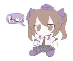 Rule 34 | black necktie, brown eyes, brown hair, character doll, checkered clothes, checkered skirt, closed mouth, collared shirt, enorari, frilled shirt collar, frills, fumo (doll), hair between eyes, hair ribbon, hat, himekaidou hatate, long hair, necktie, no humans, no nose, puffy short sleeves, puffy sleeves, purple headwear, purple ribbon, ribbon, shirt, short sleeves, sitting, skirt, smile, stuffed toy, tokin hat, touhou, twintails, white shirt
