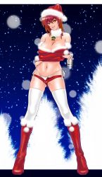 Rule 34 | 1girl, absurdres, bad id, bad pixiv id, bare shoulders, bell, boots, breasts, bridal gauntlets, brown hair, christmas, cleavage, covered erect nipples, elbow gloves, fur trim, gloves, hat, highres, indoshiki, large breasts, meiko (vocaloid), midriff, navel, open fly, panties, santa costume, santa hat, short hair, short shorts, shorts, side-tie panties, smile, solo, thighhighs, tongue, underwear, unzipped, vocaloid, white thighhighs, yellow eyes