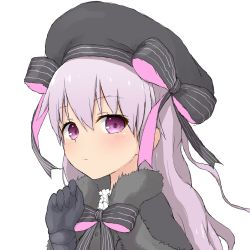 Rule 34 | 10s, 1girl, beret, black bow, black capelet, black gloves, black hat, blush, bow, capelet, closed mouth, fate/extra, fate (series), fur-trimmed capelet, fur trim, gloves, hair between eyes, hand up, hat, hat bow, highres, long hair, nursery rhyme (fate), purple eyes, purple hair, simple background, solo, striped, striped bow, upper body, white background, yakihebi