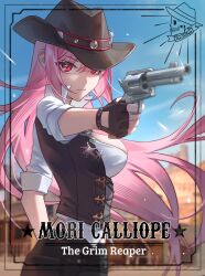 Rule 34 | 1girl, black gloves, blurry, blurry background, breasts, cowboy hat, fingerless gloves, from side, gloves, gun, handgun, hat, highres, holding, holding gun, holding weapon, hololive, hololive english, jyuma, large breasts, long hair, mori calliope, mori calliope (sheriff), pink hair, red eyes, revolver, solo, virtual youtuber, weapon
