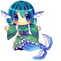 Rule 34 | 1girl, blue eyes, blue hair, blush, chibi, chocolat (momoiro piano), drill hair, female focus, fins, floral print, head fins, japanese clothes, kimono, lowres, matching hair/eyes, mermaid, monster girl, obi, outstretched arms, sash, simple background, solo, touhou, wakasagihime, white background, wide sleeves, yagasuri