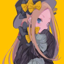 Rule 34 | 1girl, aano (10bit), abigail williams (fate), black bow, black dress, blonde hair, blue eyes, bow, commentary, dress, fate/grand order, fate (series), hand to own mouth, hexagram, highres, long hair, long sleeves, looking at viewer, orange bow, parted bangs, polka dot, polka dot bow, sleeves past wrists, solo, star (symbol), star in eye, symbol in eye, very long hair, yellow background