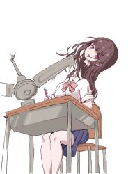 Rule 34 | 1girl, bare legs, blue skirt, blunt bangs, bow, bowtie, breasts, brown hair, ceiling fan, chair, collared shirt, decapitation, desk, dot nose, guro, gurop, holding, holding pen, long hair, looking at viewer, medium breasts, original, parted lips, pen, pink bow, pink bowtie, pink eyes, pleated skirt, school chair, school desk, school uniform, shirt, simple background, sitting, sketch, skirt, sleeves rolled up, solo, white background, white shirt