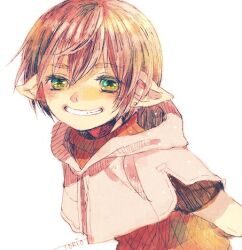 Rule 34 | 1boy, blush, brown shirt, commentary request, cropped jacket, earrings, green eyes, grin, hair between eyes, hunter (ragnarok online), jacket, jewelry, looking at viewer, male focus, pink hair, pointy ears, ragnarok online, shirt, short hair, short sleeves, signature, simple background, smile, solo, stud earrings, tokio (okt0w0), upper body, white background, white jacket