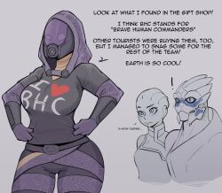 Rule 34 | !, 1boy, 2girls, alien, asari (mass effect), black eyes, black shirt, blue sclera, bodysuit, breasts, colored sclera, commentary, dogged, embarrassed, english commentary, english text, fewer digits, garrus vakarian, helmet, highres, hood, hood up, large breasts, liara t&#039;soni, looking at viewer, mass effect (series), multiple girls, purple bodysuit, purple eyes, quarian, shirt, tali&#039;zorah, tentacle hair, turian