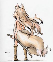 Rule 34 | 1girl, ahoge, animal ears, boots, brown footwear, dated, earrings, female focus, fox ears, fox girl, fox tail, from behind, full body, holding, holding sword, holding weapon, jewelry, katana, kazekiri, kitsune, light brown hair, long hair, multiple tails, nude, original, simple background, single earring, solo, standing, sword, tail, tail censor, traditional media, very long hair, weapon, white background