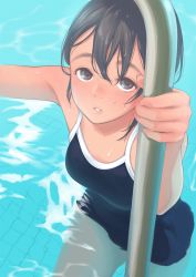 Rule 34 | 1girl, armpits, arms up, black hair, brown eyes, climbing, climbing ladder, competition school swimsuit, from above, highres, kamo (gafas), ladder, looking up, one-piece swimsuit, original, partially submerged, pool, school swimsuit, short hair, solo, swimsuit, thick eyebrows, water, wet, wet clothes, wet swimsuit
