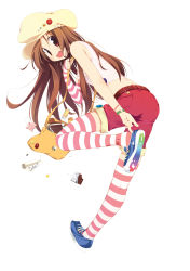 Rule 34 | bag, brown hair, full body, hat, highres, hoppege, legs, long hair, original, putting on shoes, shoes, shorts, sneakers, solo, striped clothes, striped thighhighs, thighhighs