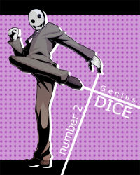 Rule 34 | 1boy, black footwear, black jacket, black necktie, black pants, character name, clenched hand, dharu riser, dice (dharu riser), english text, formal, gloves, grey shirt, hand up, jacket, kicking, leg up, letterboxed, long sleeves, lowres, male focus, mask, necktie, outside border, outstretched arm, pants, pink background, polka dot, polka dot background, shirt, shoes, solo, standing, standing on one leg, suit, uematsu, white gloves