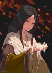 Rule 34 | 1girl, black background, black hair, closed mouth, divine child of rejuvenation, highres, japanese clothes, jiro (ninetysix), kimono, leaf, long hair, long sleeves, looking at viewer, parted bangs, rice, sekiro: shadows die twice, smile, solo, wide sleeves