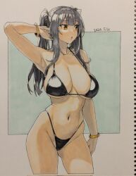 Rule 34 | 1girl, arm up, armpits, bangle, bikini, black bikini, black hair, border, bracelet, breasts, brown eyes, cleavage, contrapposto, cowboy shot, cropped legs, dated, elf, elf (houtengeki), green border, hair ribbon, hand in own hair, houtengeki, jewelry, large breasts, long hair, looking to the side, navel, open mouth, original, outside border, pointy ears, ribbon, simple background, sketchbook, solo, standing, swimsuit, traditional media, twintails, white background, white ribbon
