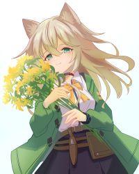 Rule 34 | 1girl, absurdres, animal ears, arknights, black choker, black collar, blonde hair, choker, coat, collar, commentary, dog ears, dog girl, flower, green coat, green eyes, highres, holding, holding flower, infection monitor (arknights), long hair, looking at viewer, open clothes, open coat, podenco (arknights), ribbon, shino duka, simple background, smile, solo, upper body, white background, yellow flower, yellow ribbon