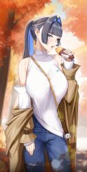 Rule 34 | 1girl, absurdres, autumn, autumn leaves, bag, black hair, blue eyes, blue hair, breasts, brown coat, coat, day, denim, detached sleeves, eating, food, hair intakes, handbag, highres, holding, holding food, hololive, hololive english, jeans, large breasts, looking at viewer, open mouth, ouro kronii, ouro kronii (casual), outdoors, pants, ponytail, roasted sweet potato, solo, sweater, sweet potato, turtleneck, turtleneck sweater, virtual youtuber, zenya