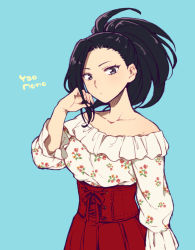 Rule 34 | 10s, 1girl, alternate costume, bare shoulders, black hair, blouse, blue background, boku no hero academia, casual, character name, collarbone, corset, floral print, frills, grey eyes, hand in own hair, hiyori (rindou66), long sleeves, looking at viewer, ponytail, shirt, simple background, solo, upper body, yaoyorozu momo
