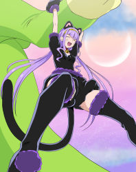 Rule 34 | 10s, 1girl, :d, ^ ^, animal ears, arms up, bell, black gloves, black thighhighs, cat ears, cat tail, choker, closed eyes, facial mark, fake animal ears, gloves, hairband, happy, haruyama kazunori, hugtto! precure, light purple hair, long hair, low twintails, neck bell, open mouth, precure, red choker, ruru amour, short sleeves, smile, solo, tail, thighhighs, twintails, whisker markings, yellow hairband