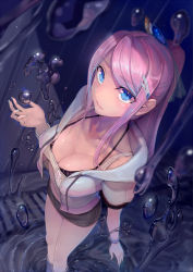 Rule 34 | 1girl, blue eyes, blush, breasts, cleavage, female focus, from above, hair ornament, hairclip, hood, hoodie, land of caromag, large breasts, long hair, looking at viewer, nail polish, original, pink hair, ponytail, skirt, solo, walzrj, water