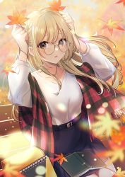Rule 34 | 1girl, :o, absurdres, autumn leaves, belt, bench, blonde hair, blue skirt, blush, brown eyes, collarbone, glasses, hands up, highres, holding, holding leaf, kitazume kumie, leaf, long hair, long sleeves, looking at viewer, notebook, original, outdoors, parted lips, plaid, plaid scarf, red scarf, round eyewear, scarf, shirt, sitting, skirt, solo, white shirt