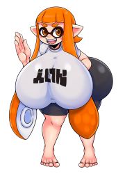 Rule 34 | 1girl, ass, breasts, fangs, feet, gigantic breasts, highres, huge ass, huge breasts, inkling player character, mato spectoru, nintendo, orange eyes, orange hair, pointy ears, shirt, shorts, smile, solo, splatoon (series), squid girl, tentacle hair, thick thighs, thighs, white background