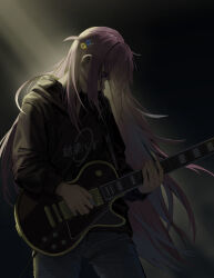 Rule 34 | 1girl, absurdres, black hoodie, bocchi the rock!, commentary request, concentrating, covered mouth, cowboy shot, cube hair ornament, denim, electric guitar, gotoh hitori, group name, guitar, hair bobbles, hair ornament, hair over mouth, highres, holding, holding instrument, holding plectrum, hood, hood down, hoodie, instrument, jeans, light rays, long hair, long sleeves, looking down, music, one side up, pants, pink hair, playing instrument, plectrum, print hoodie, profile, purple eyes, shoulder strap, sidelighting, solo, sweat, very long hair, zxjv