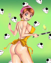 Rule 34 | 1girl, apron, ass, breasts, brown eyes, brown hair, chacrawarrior, cooking mama, covered erect nipples, dimples of venus, food, frying pan, housewife, looking at viewer, looking back, mama (cooking mama), mature female, naked apron, onigiri, short hair, sideboob, smile, solo, spatula