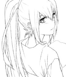 Rule 34 | 1girl, bad id, bad pixiv id, face, from behind, greyscale, kitsune n, long hair, looking back, makise kurisu, monochrome, nape, ponytail, simple background, sketch, solo, steins;gate