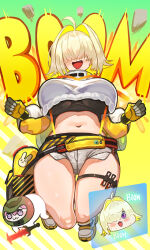 1girl ahoge animal_print blonde_hair blush breasts clenched_hands colored_inner_hair cosplay cropped_shirt doom_(series) doomguy doomguy_(cosplay) doro_(nikke) elegg_(nikke) explosion exposed_pocket facing_viewer fang floating full_body gloves green_background hair_intakes hair_over_eyes hair_over_one_eye highres holographic_monitor large_breasts long_bangs long_sleeves micro_shorts multicolored_hair multicolored_shoes navel open_mouth puffy_sleeves purple_eyes rabbit_print shirt shoes short_hair shorts smile stomach suspenders text_background thick_thighs thigh_gap thigh_strap thighs two-tone_background two-tone_hair two-tone_shoes underboob vincentsu w_arms white_shirt white_shoes white_shorts yellow_background yellow_bag yellow_gloves yellow_shoes