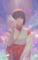Rule 34 | 1girl, absurdres, black hair, breasts, commentary request, crying, crying with eyes open, detached sleeves, falling petals, fox mask, genshin impact, hakama, hakama skirt, hanachirusato (genshin impact), highres, holding, holding mask, japanese clothes, long sleeves, looking at viewer, mask, unworn mask, miko, open mouth, orange eyes, petals, red hakama, ribbon, short hair, skirt, smile, solo, tears, wide sleeves, world (1257843324)