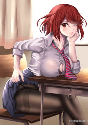 Rule 34 | 1girl, black legwear, breast rest, breasts, breasts on table, excaliblader, large breasts, necktie, pyra (xenoblade), red eyes, red hair, school uniform, short hair, skirt, solo, swept bangs, uniform, xenoblade chronicles (series), xenoblade chronicles 2