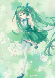 Rule 34 | 1girl, alternate color, alternate costume, alternate hair color, bad id, bad pixiv id, cherry blossoms, choker, detached sleeves, dress, flower, frills, gathers, green eyes, green hair, green theme, hatsune miku, long hair, mary janes, matching hair/eyes, petals, ribbon, sakura flower, shoes, solo, takko, thighhighs, twintails, very long hair, vocaloid, white thighhighs
