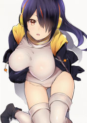 Rule 34 | 10s, 1girl, absurdres, akechi shizuku, black hair, blush, boots, breasts, brown eyes, covered erect nipples, emperor penguin (kemono friends), hair over one eye, headphones, highres, hood, hoodie, kemono friends, large breasts, leotard, long hair, looking at viewer, multicolored hair, open mouth, grabbing own breast, simple background, sitting, solo, thighhighs, white background, white leotard, white thighhighs