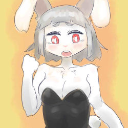 Rule 34 | 1girl, bare shoulders, breasts, buny suit, cleavage, female focus, furry, furry female, gradient background, looking at viewer, rabbit, red eyes, short hair, solo, the amboina