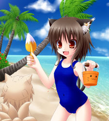 Rule 34 | 1girl, animal ears, anni minto, beach, brown hair, bucket, cat ears, cat girl, chen, coconut, crab, earrings, fang, female focus, highres, jewelry, nature, ocean, one-piece swimsuit, outdoors, plant, red eyes, sand sculpture, school swimsuit, sky, solo, spade, swimsuit, touhou, water, yakumo ran