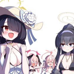 Rule 34 | &lt;|&gt; &lt;|&gt;, 4girls, :d, ^ ^, ahoge, bikini, black bikini, black hair, black wings, blue archive, breasts, cleavage, closed eyes, collarbone, commentary request, feathered wings, flat chest, hair between eyes, hair over one eye, hairband, halo, hanako (blue archive), hanako (swimsuit) (blue archive), hat, head wings, hinata (blue archive), hinata (swimsuit) (blue archive), jewelry, koharu (blue archive), koharu (swimsuit) (blue archive), large breasts, long bangs, long hair, long sleeves, looking at another, looking at viewer, low ponytail, medium breasts, multiple girls, navel, necklace, o (rakkasei), official alternate costume, official alternate hairstyle, open mouth, oversized clothes, oversized shirt, pendant, pink hair, pointing, ponytail, purple eyes, red eyes, shirt, sidelocks, simple background, sleeveless, smile, stomach, straw hat, sun hat, swimsuit, twintails, ui (blue archive), ui (swimsuit) (blue archive), white background, white shirt, wings