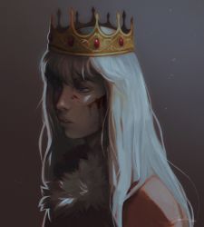 Rule 34 | 1boy, androgynous, blonde hair, blood, blue eyes, canute, cape, crown, dated, eyebrows, eyelashes, fur, fur collar, fur trim, gem, gold, highres, injury, lips, long hair, looking to the side, male focus, open mouth, red cape, simple background, spoilers, teeth, viking, vinland saga