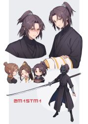 Rule 34 | 3boys, basket, black hanfu, bracer, brown hair, cherry, chibi, chinese clothes, clenched teeth, facial mark, feng xin, food, forehead mark, fruit, hair bun, half updo, hand on another&#039;s shoulder, hanfu, high ponytail, highres, holding, holding clothes, holding sword, holding weapon, long hair, long sleeves, looking at viewer, m1stm1, mask, mu qing (tianguan cifu), multiple boys, multiple views, oni mask, ponytail, puff of air, simple background, single hair bun, smile, sweatdrop, sword, teeth, tianguan cifu, turtleneck, weapon, wide sleeves, xie lian, yellow eyes