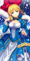 Rule 34 | 1girl, ahoge, artoria pendragon (fate), bad id, bad pixiv id, blonde hair, blue eyes, breasts, cape, cleavage, ells, excalibur (fate/stay night), fate/stay night, fate (series), juliet sleeves, long sleeves, puffy sleeves, saber (fate), solo, type-moon