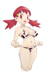 Rule 34 | 1girl, animal print, artist request, bikini, bikini pull, breasts, cleavage, clothes pull, cow print, creatures (company), game freak, highres, large breasts, legs, low twintails, navel, nintendo, pink hair, pokemon, pokemon hgss, red eyes, smile, solo, source request, swimsuit, teasing, thighs, tongue, tongue out, twintails, whitney (pokemon), wide hips