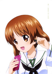 Rule 34 | 10s, 1girl, :d, absurdres, brown eyes, brown hair, collarbone, copyright name, digital media player, earphones, girls und panzer, highres, holding, ipod, looking at viewer, nishizumi miho, official art, ooarai school uniform, open mouth, page number, portrait, school uniform, shirt, short hair, simple background, smile, solo, white background, white shirt, yoshida nobuyoshi