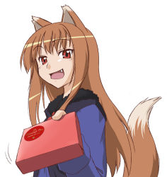Rule 34 | 00s, 1girl, animal ears, fang, fumotono mikoto, gift, holding, holding gift, holo, incoming gift, solo, spice and wolf, tail, valentine, wolf ears, wolf tail