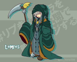 Rule 34 | 1boy, alternate costume, character name, closed eyes, green hat, grey hair, hair over one eye, hana (mew), hat, holding, holding scythe, holding weapon, hood, lemres (puyopuyo), open mouth, puyopuyo, scythe, solo, weapon