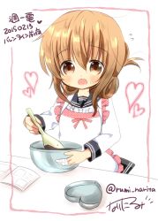 Rule 34 | 10s, 1girl, apron, artist name, baking, bandages, brown eyes, brown hair, character name, chocolate, chocolate making, dated, flying sweatdrops, folded ponytail, food, food on face, heart, inazuma (kancolle), kantai collection, long sleeves, mixing, mixing bowl, narita rumi, neckerchief, open mouth, school uniform, serafuku, short hair, signature, simple background, skirt, solo, twitter username, valentine, wrist cuffs